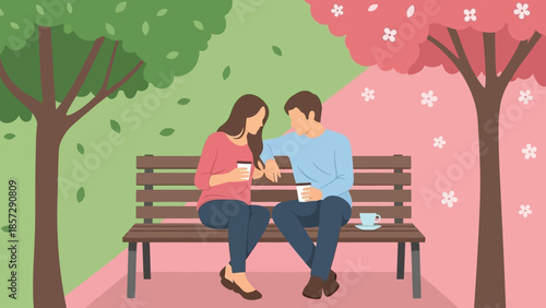 Couple relaxing on a park bench amidst blooming trees, enjoying a quiet moment together with their drinks