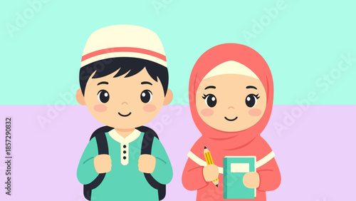 Children in Islamic attire, a boy and a girl, ready for school with backpacks and books, illustration