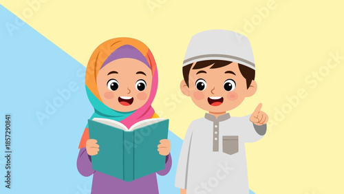 Illustration of two Muslim children reading a book, one wearing a hijab and the other a kufi, symbolizing education and learning within Islamic culture