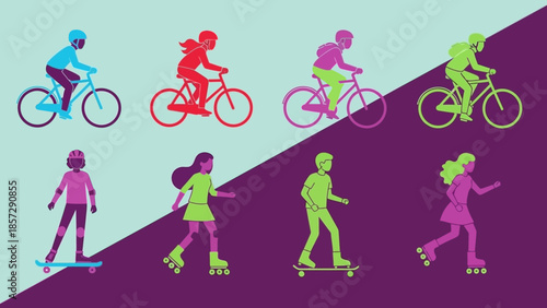 Active lifestyle diverse group of people enjoying outdoor activities on bicycles and skateboards