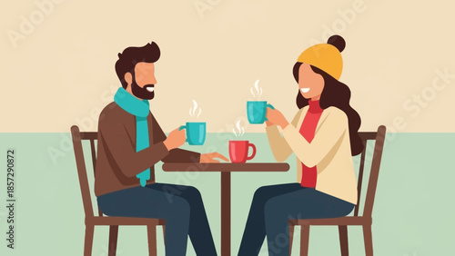 Couple enjoying warm drinks and conversation at a cafe table during autumn