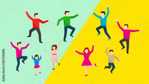Diverse group of energetic people dancing and celebrating joyfully on a split background