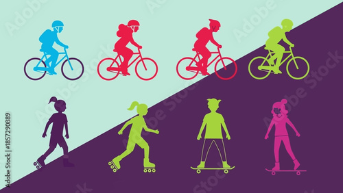 Diverse group of people engaging in various outdoor recreational activities like cycling and skateboarding