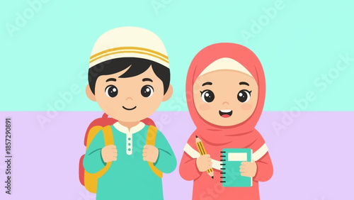 Adorable Muslim children dressed in modest Islamic attire ready for school, carrying backpacks and stationery, symbolizing education and cultural heritage