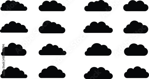 Set of sixteen black cloud silhouettes, various fluffy weather icons for sky design, meteorology symbols, and simple nature landscape elements (20 words)