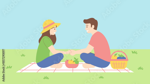 Couple Holding Hands During a Picnic in a Park on a Sunny Day with Food and Drinks