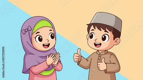 Cartoon children celebrating and giving thumbs up