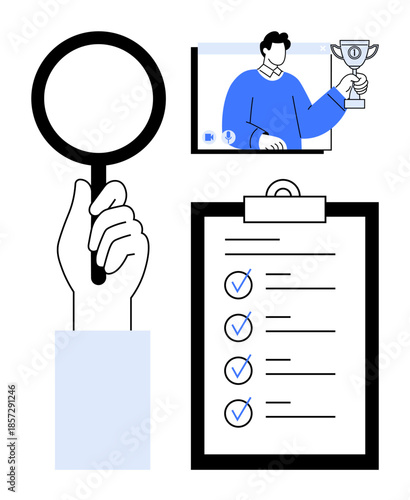 Magnifying glass in hand, completed checklist with marked tasks, video call participant holding a trophy. Ideal for achieving goals, success, productivity, leadership, teamwork, evaluations