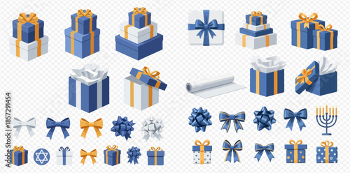 Hanukkah gift boxes, bows, and wrapping paper set for Jewish holiday celebration.