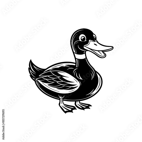 Black and white cartoon duck illustration with a happy expression and a white neck ring, standing on a plain background.