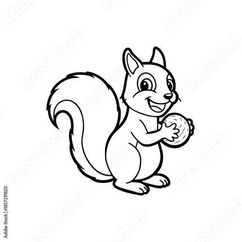 Cute cartoon squirrel holding a nut, smiling, in black and white outline style, perfect for coloring books or simple illustrations.