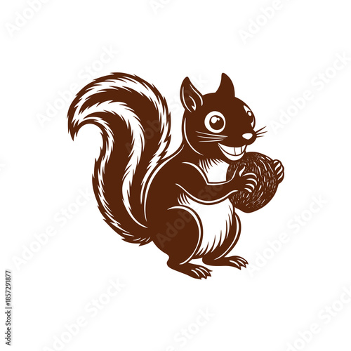 A cheerful brown squirrel illustration holding a large nut with a happy expression.