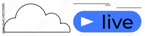 Minimalist cloud graphic next to play icon and live text, illustrating live streaming, media services, and cloud technology. Ideal for tech, entertainment, connectivity, data, streaming innovation
