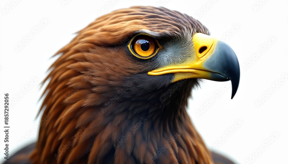 Fototapeta premium Golden eagle head close up. Fierce bird of prey with sharp yellow eye and dark beak stares intensely. Detailed brown feathers show intricate textures on white background.