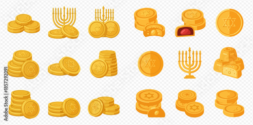 Hanukkah Gelt and Menorah Collection: Golden Coins and Traditional Jewish Symbols for Holiday Celebrations.