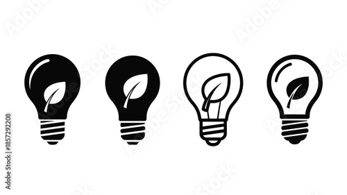 Eco friendly concept light bulbs with a leaf inside black and white