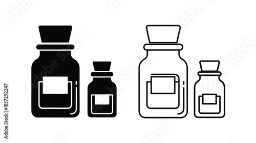 Black and white illustration of various bottle shapes and sizes