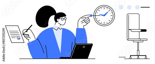 Time management, productivity, office planning, work-life balance, task scheduling, organizational efficiency. Person with laptop, clock and document. Time management and productivity concept