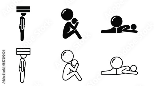 Simple black silhouettes depict people in various poses and with objects