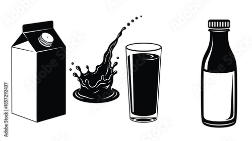 Black and white illustration of milk carton splash glass and bottle
