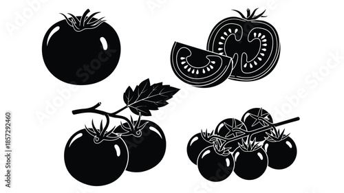 Black and white illustration of whole and sliced tomatoes with leaves and vine