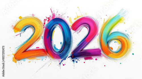 Happy New Year 2026 with colorful abstract brush strokes and paint splatters