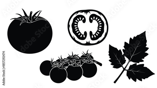 Silhouettes of tomatoes a tomato slice and tomato plant foliage depicted