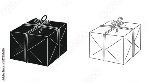 Two gift boxes one dark and one light with ribbon and bow illustrations