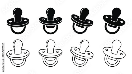 Black and white illustrations of various baby pacifier designs and styles