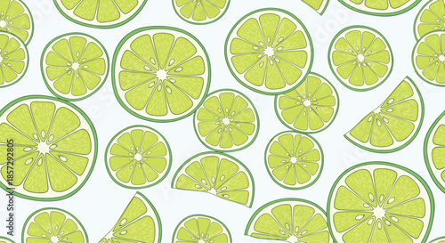 Refreshing seamless pattern of bright green lime slices and wedges scattered on a light blue background, perfect for a summer design.