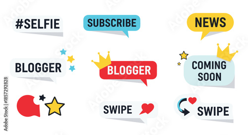 Set of modern social media speech bubble stickers with text like selfie, subscribe, blogger, and swipe for online content creators.