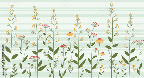 Horizontal border of colorful wildflowers and meadow grasses on a striped light green background, creating a charming and fresh spring banner.