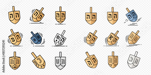 Collection of various dreidel icons in different styles for Hanukkah celebration.