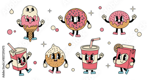 Fun collection of retro mascot characters in a 30s cartoon style, featuring smiling fast food items like donuts, ice cream, and drinks with faces.