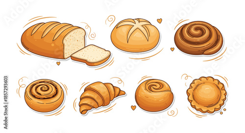 Delicious collection of hand-drawn bakery and pastry items, including a loaf of bread, croissant, cinnamon roll, and various fresh buns and rolls.