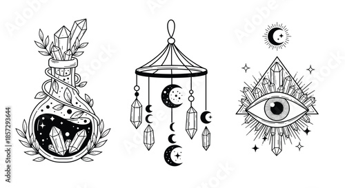Mystical collection of esoteric and magical symbols in a black and white line art style, featuring crystals, a potion bottle, and an all-seeing eye.