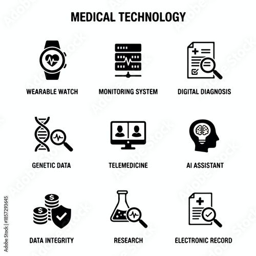 Medical Technology Icons Set Wearable Watch Monitoring System Digital Diagnosis Genetic Data Telemedicine AI Assistant Data Integrity Research Electronic Record.