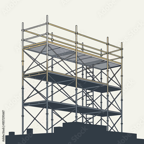 Detailed Illustration of a Multi-Level Construction Scaffolding Structure.