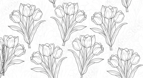 Elegant seamless floral pattern with hand-drawn tulip bouquets in a vintage black and white engraving style on a subtly textured light background.