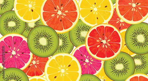 Bright and colorful seamless background completely filled with vibrant slices of various citrus fruits like kiwi, lemon, orange, and grapefruit.