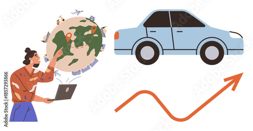 Woman with laptop planning global car-sharing using a map, vehicles, and upward arrow. Ideal for transportation, tech, travel, business strategy, e-commerce logistics data analytics. Simple flat