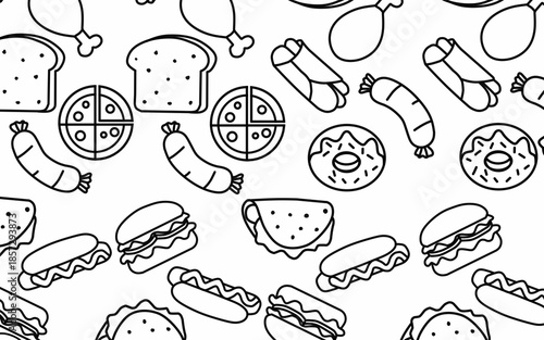 Seamless pattern background Food and ingredient kids hand drawing set illustration isolated on white background