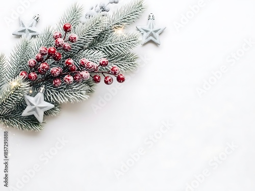 Elegant Christmas Pine Branch Corner Border with Red Berries, Silver Stars on White Background, Festive Holiday Greeting Card Frame, Copyspace