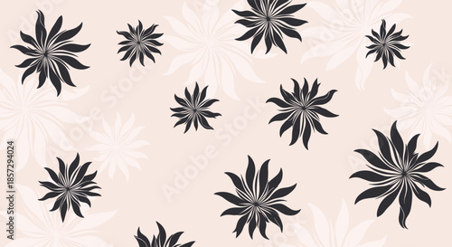 Elegant seamless floral pattern with stylized dark grey and lighter pink flowers scattered across a pale dusty pink background for textile design.