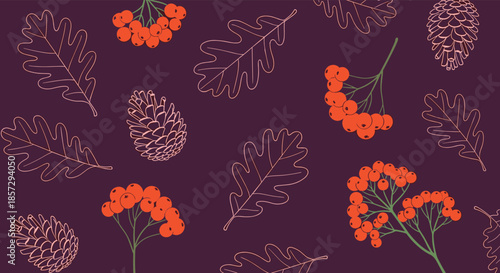 Autumnal seamless pattern with hand-drawn rowan berries, oak leaves, and pine cones in a simple line art style on a dark purple background.