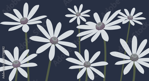 Simple and charming illustration of white daisies with green stems against a solid dark navy blue background, creating a bold floral composition.