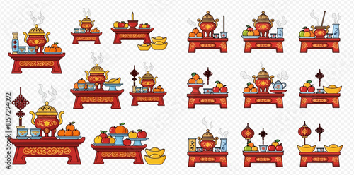 Set of Chinese New Year offering tables with traditional food and decorations for ancestral worship.