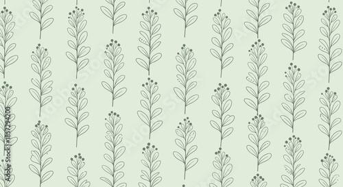 Simple and clean seamless botanical pattern of vertical leafy stems in a hand-drawn line art style on a soft sage green background.