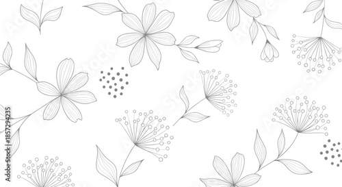 Minimalist seamless pattern with delicate grey line art flowers and abstract dotted shapes on a clean white background for a subtle textile design.