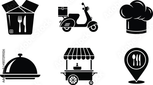 Six food service vector icons representing restaurant delivery cooking and street food isolated on white background